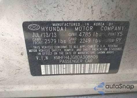 2013 Hyundai Azera z USA, uszkodzony, nr VIN KMHFH4JG8DA308809